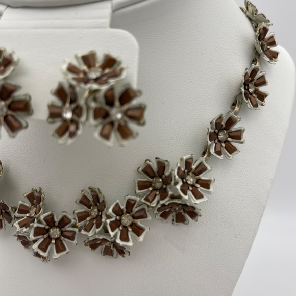 Vintage Necklace Matching Set Earrings Brown White Clear  Crystal - Picture 3 of 8
